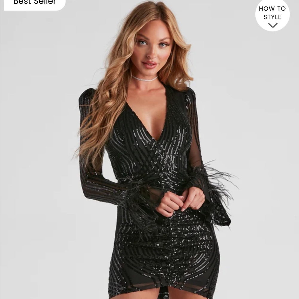 Windsor black, feather trim sequin bodycon mini dress